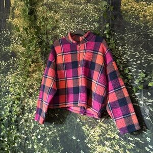 American Eagle Outfitters Plaid Teddy Jacket in Pink and Orange